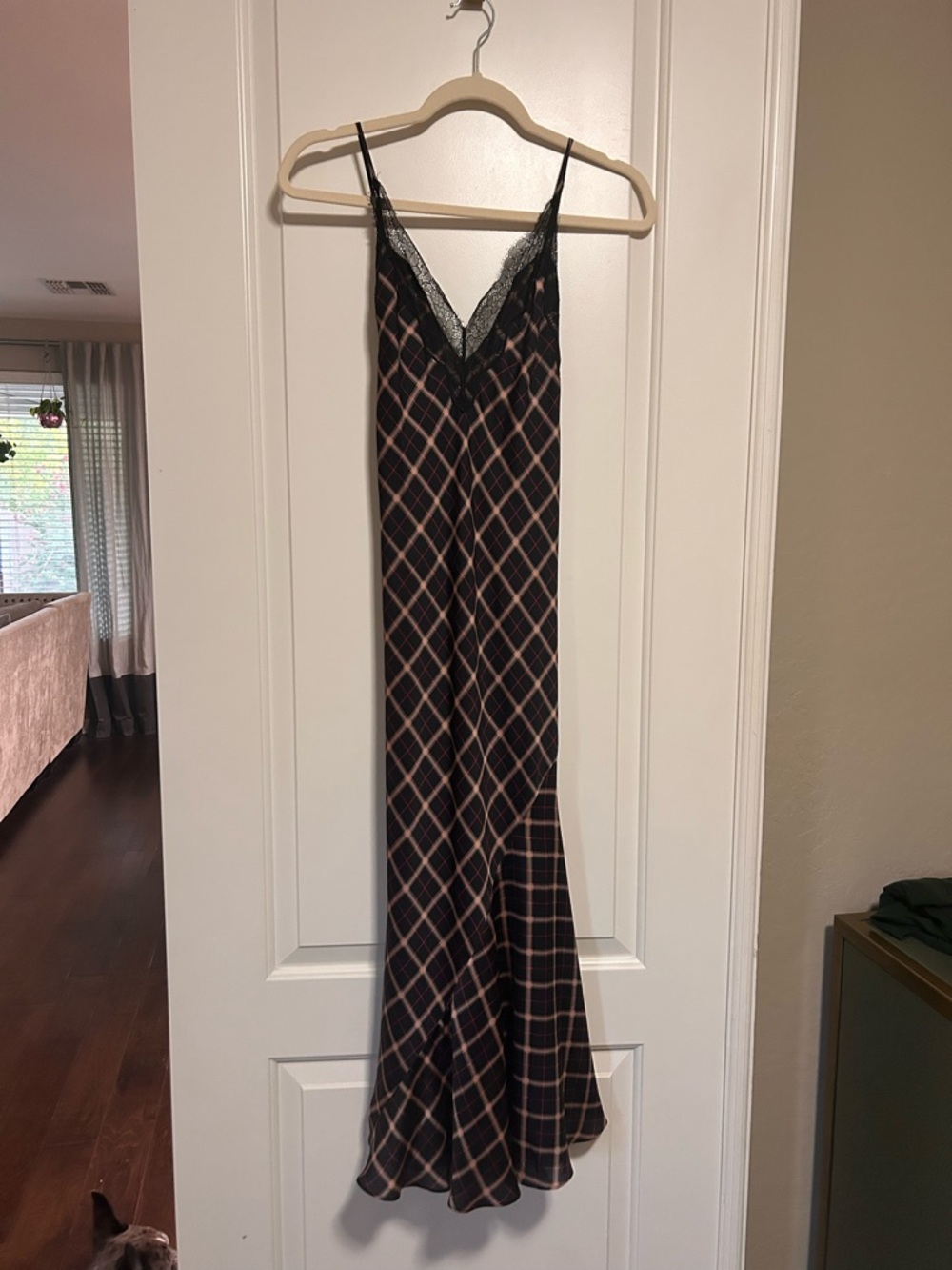 Victoria's Secret Black and Pink Plaid Lace-Trim Slip Chemise